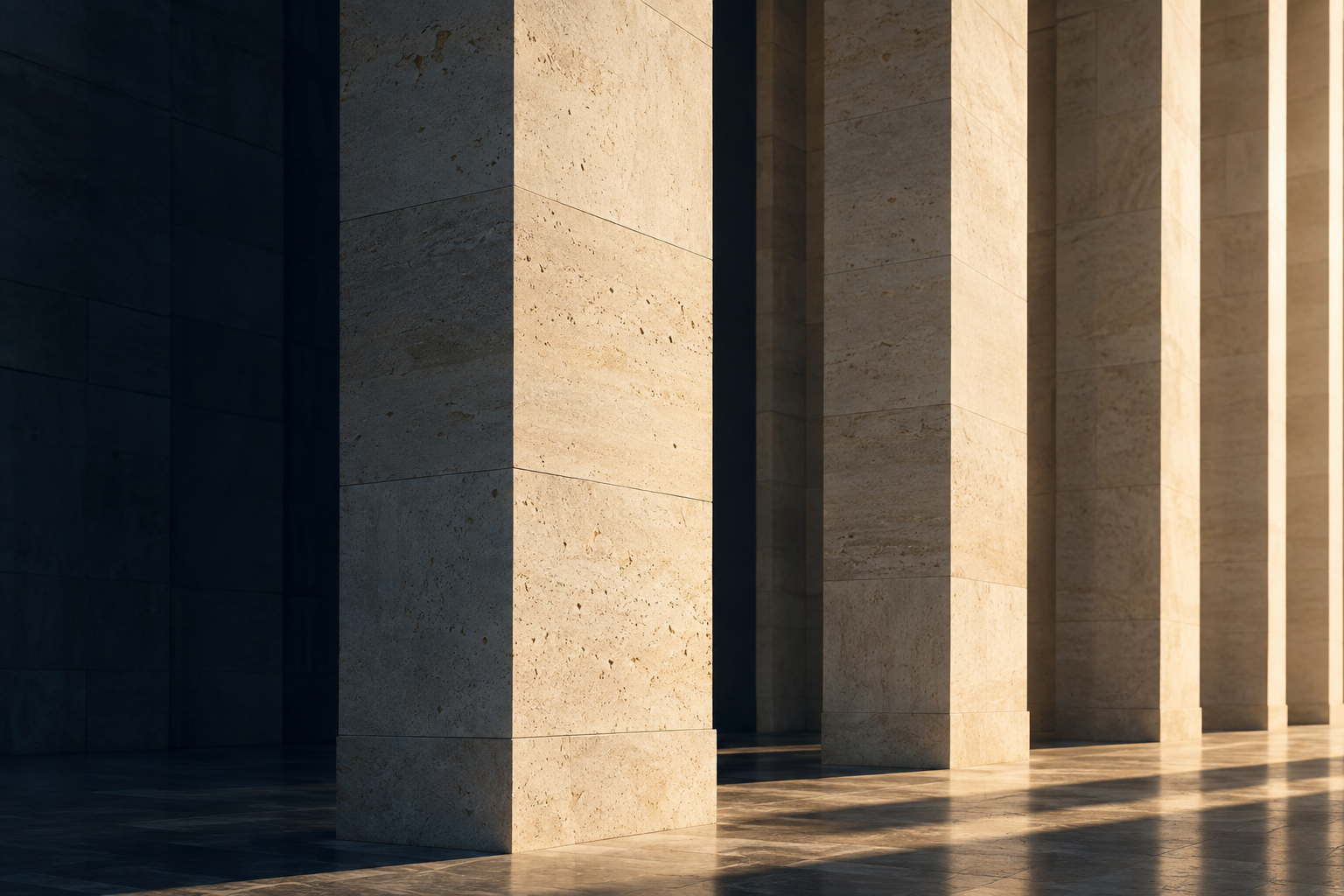 Sunlit stone architecture with strong vertical lines